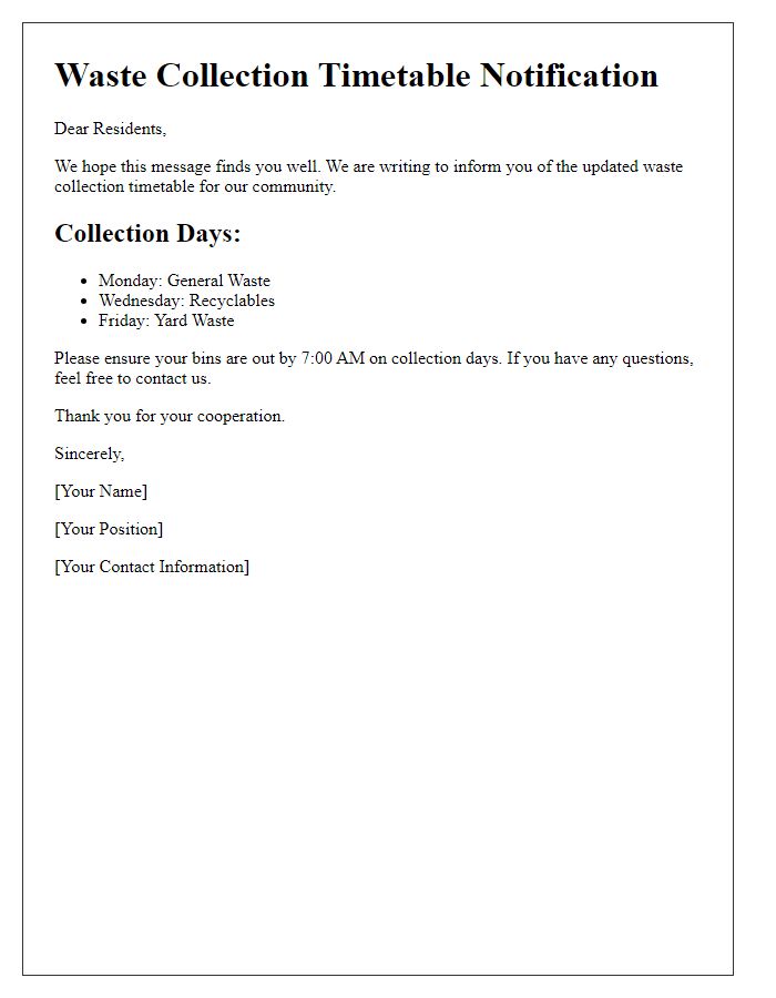 Letter template of waste collection timetable notification
