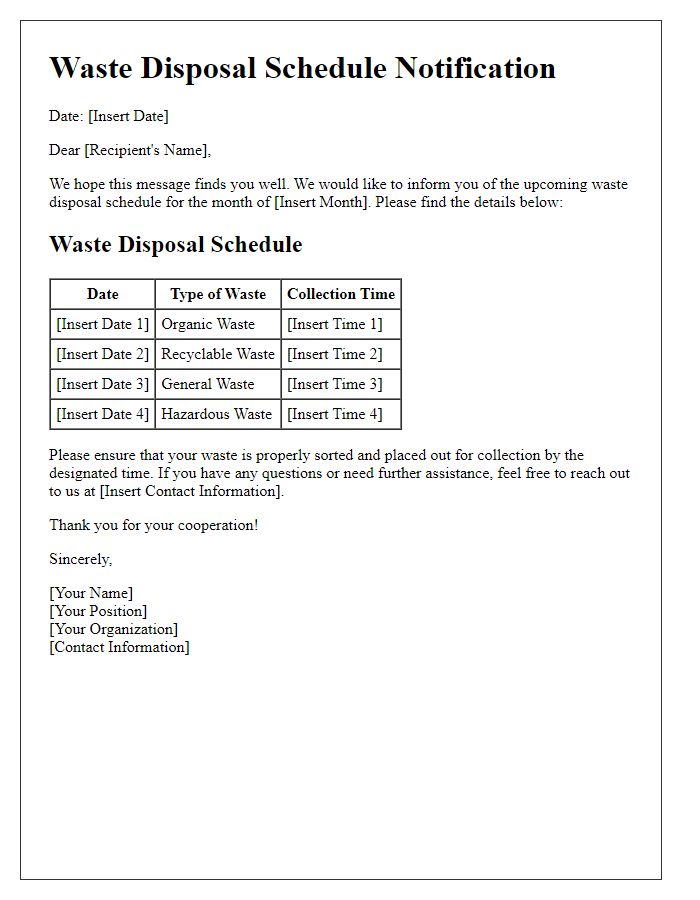 Letter template of waste disposal schedule