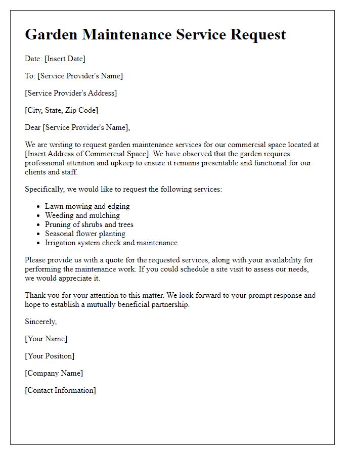 Letter template of garden maintenance service request for commercial spaces