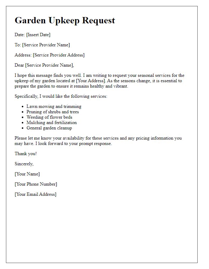 Letter template of garden upkeep request for seasonal services