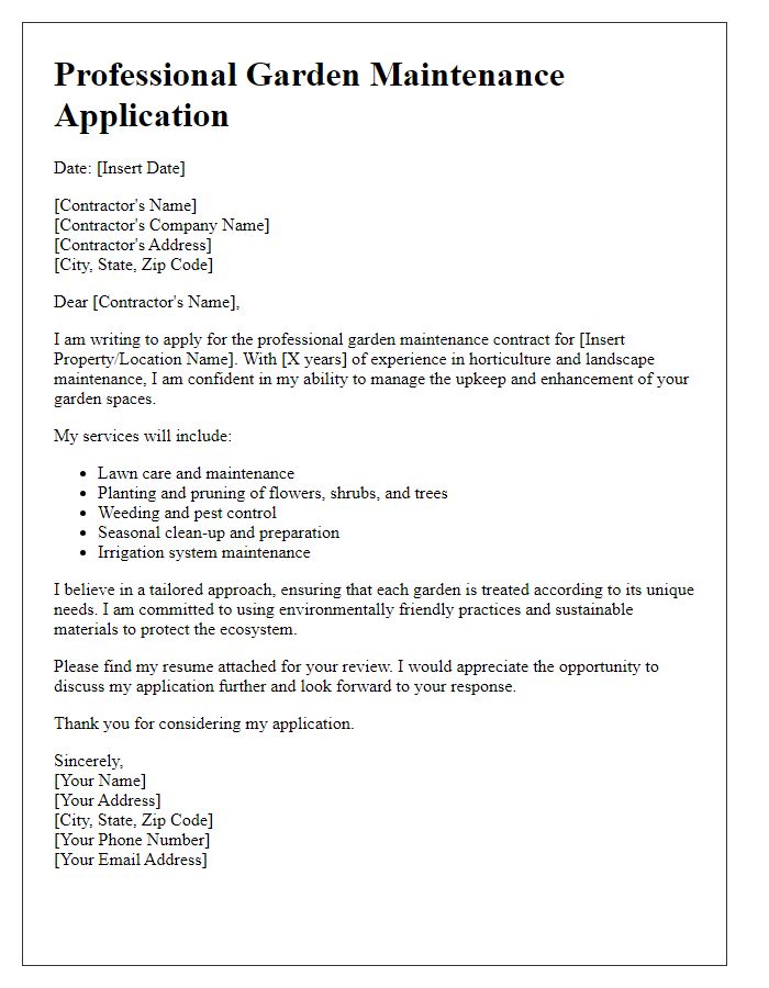 Letter template of professional garden maintenance application for contractors