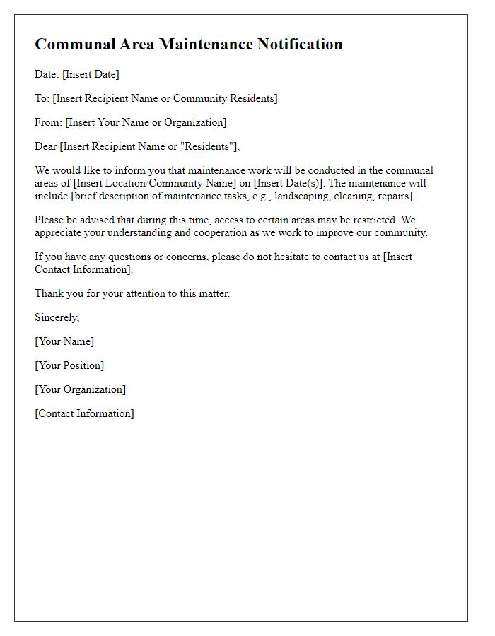 Letter template of communal area maintenance notification