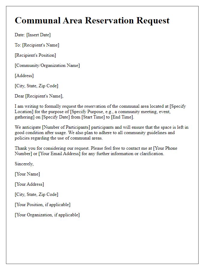 Letter template of communal area reservation request