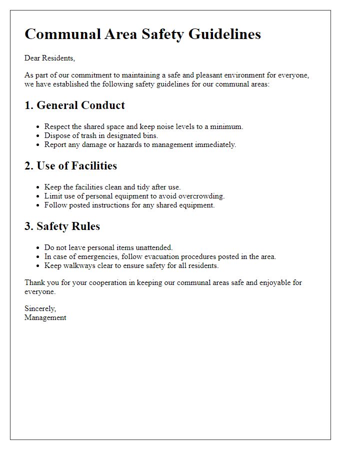 Letter template of communal area safety guidelines