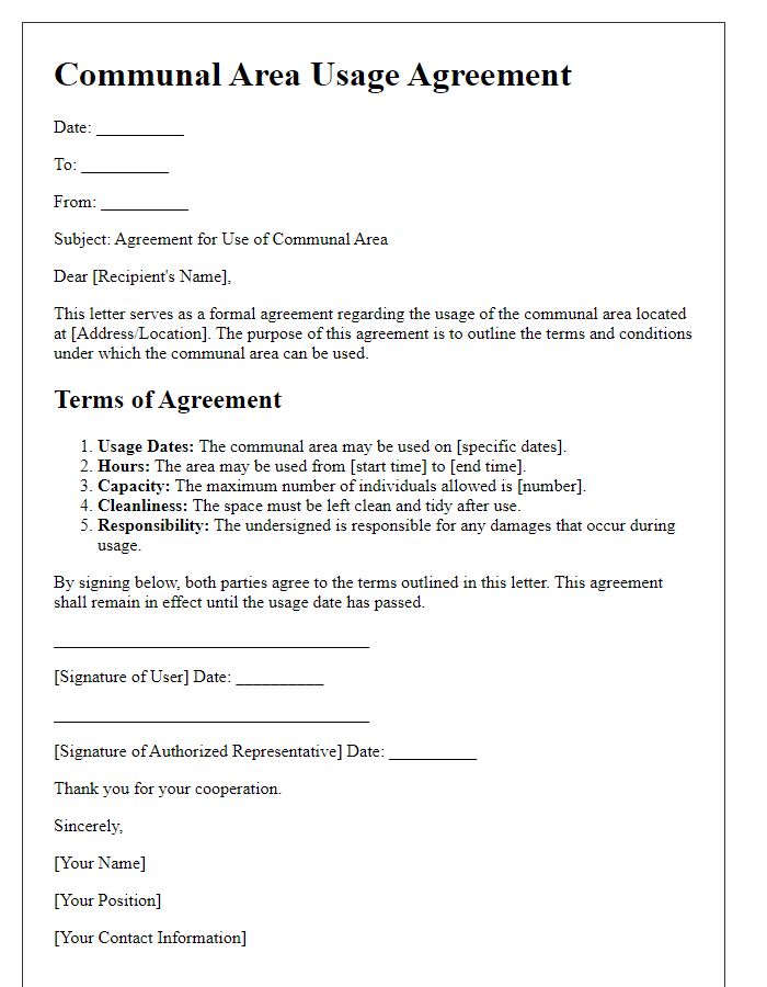 Letter template of communal area usage agreement