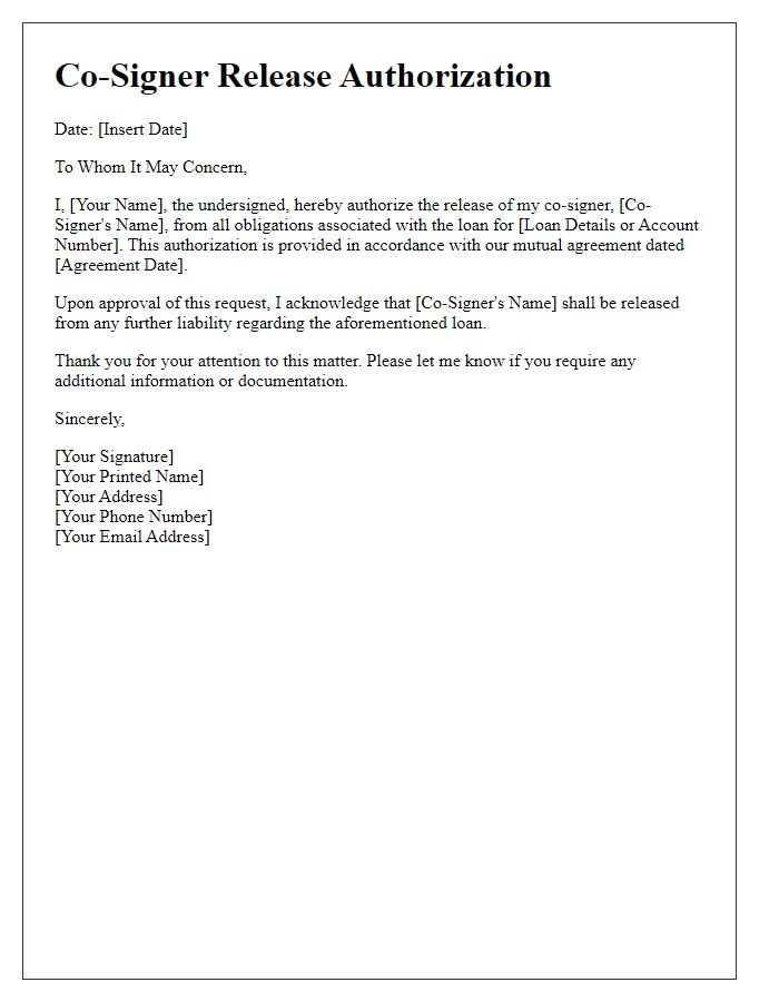 Letter template of Co-Signer Release Authorization