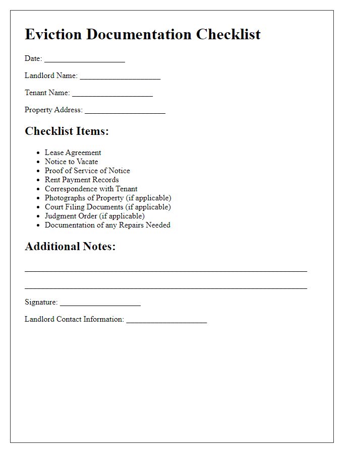 Letter template of eviction documentation checklist