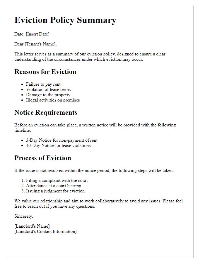 Letter template of eviction policy summary