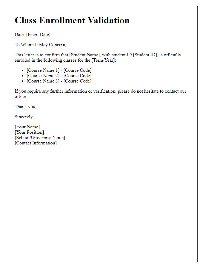 Letter template of class enrollment validation
