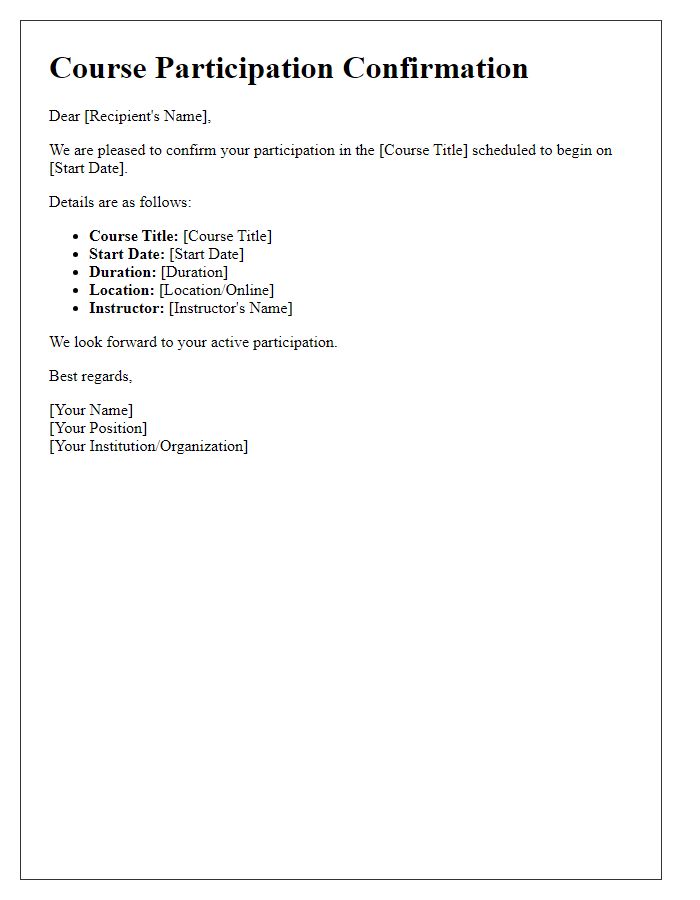 Letter template of course participation confirmation