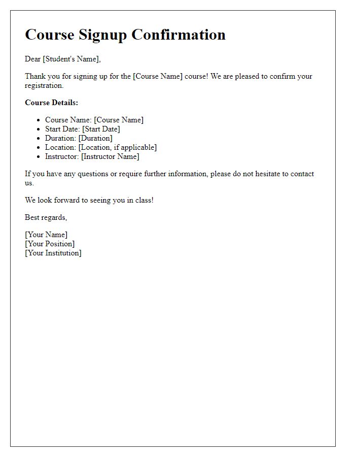 Letter template of course signup confirmation