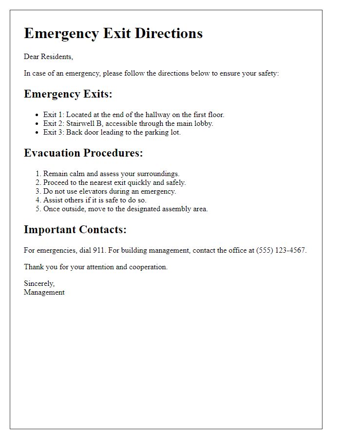 Letter template of emergency exit directions for residential buildings.