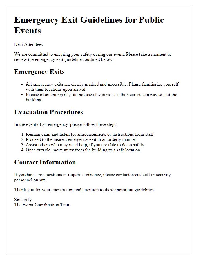 Letter template of emergency exit guidelines for public events.