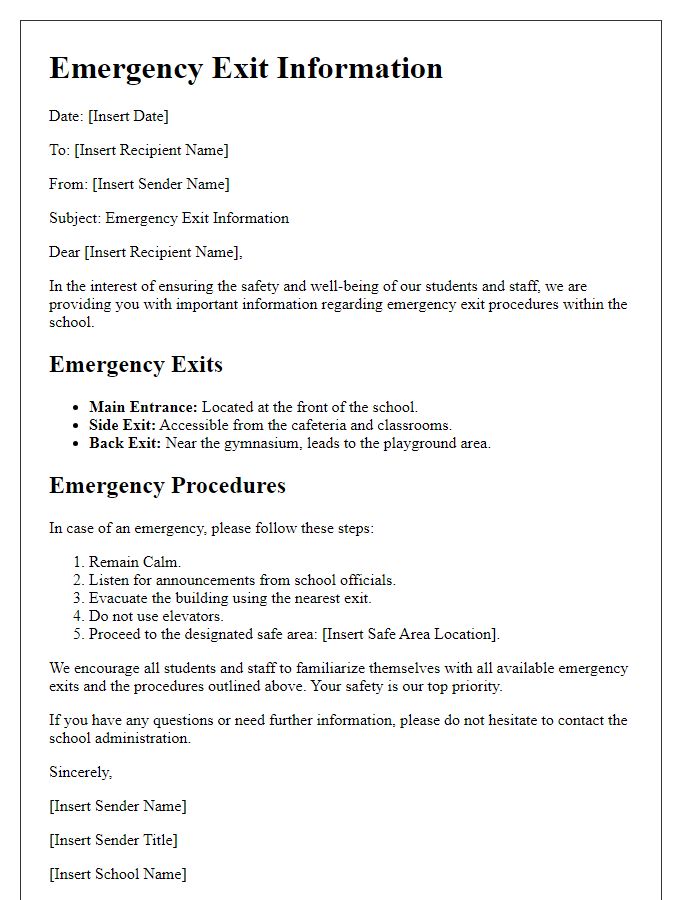 Letter template of emergency exit information for schools.