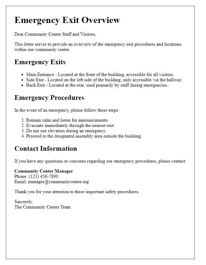 Letter template of emergency exit overview for community centers.