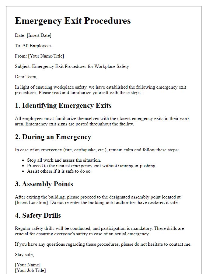 Letter template of emergency exit procedures for workplace safety.