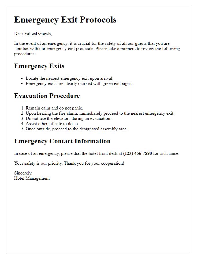 Letter template of emergency exit protocols for hotels.