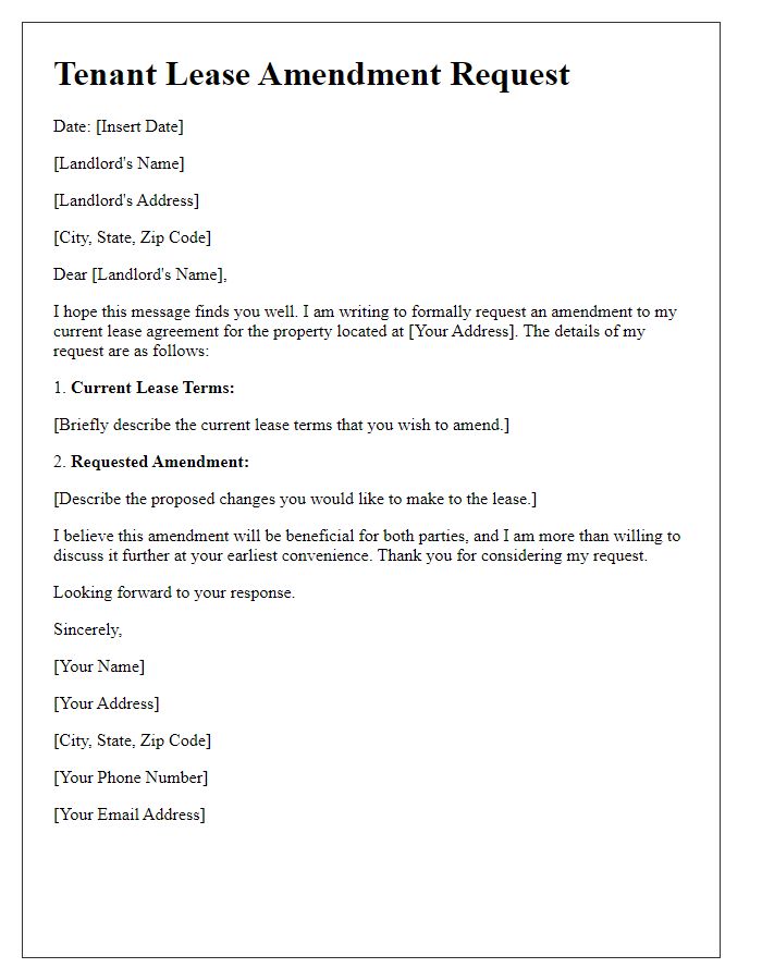 Letter template of tenant lease amendment request