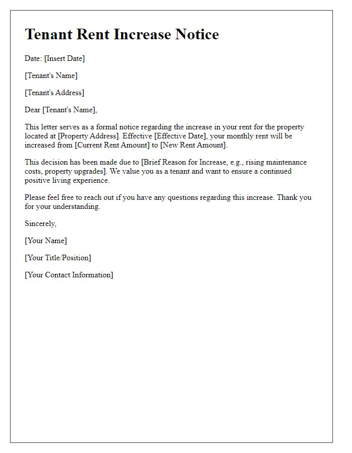 Letter template of tenant rent increase notice