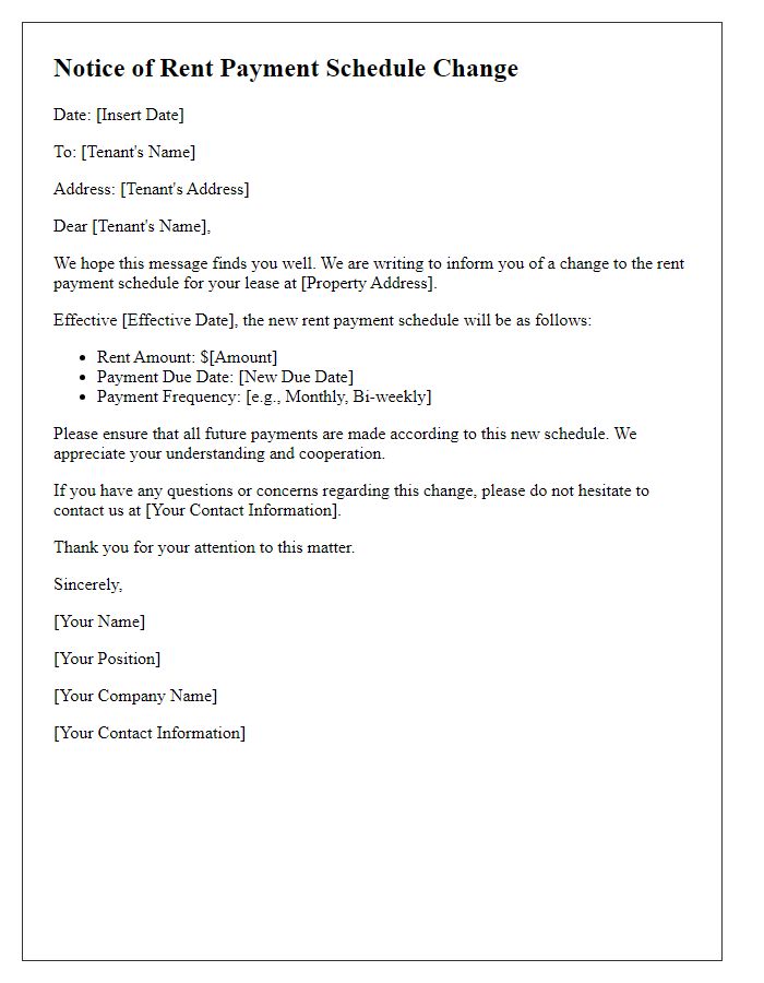 Letter template of tenant rent payment schedule change