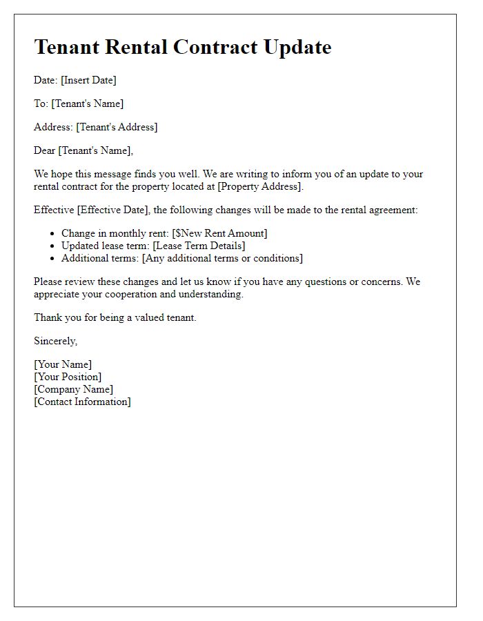 Letter template of tenant rental contract update