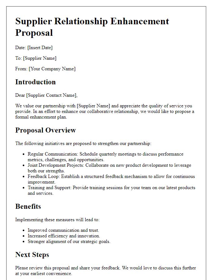 Letter template of supplier relationship enhancement proposal