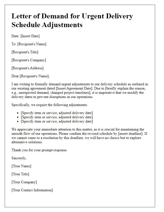 Letter template of demand for urgent delivery schedule adjustments