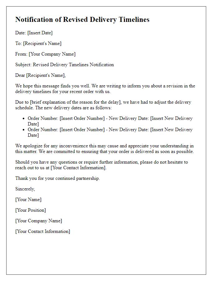 Letter template of notification for revised delivery timelines from supplier