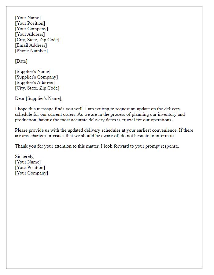 Letter template of request for updated supplier delivery schedule