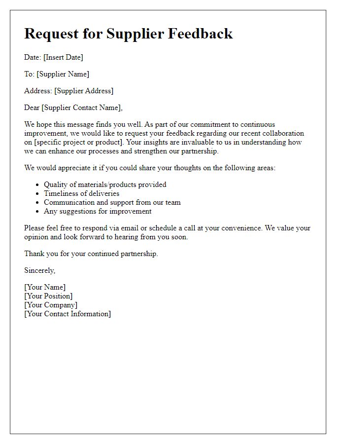 Letter template of Request for Supplier Feedback