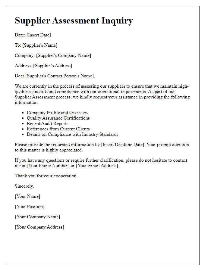 Letter template of Supplier Assessment Inquiry