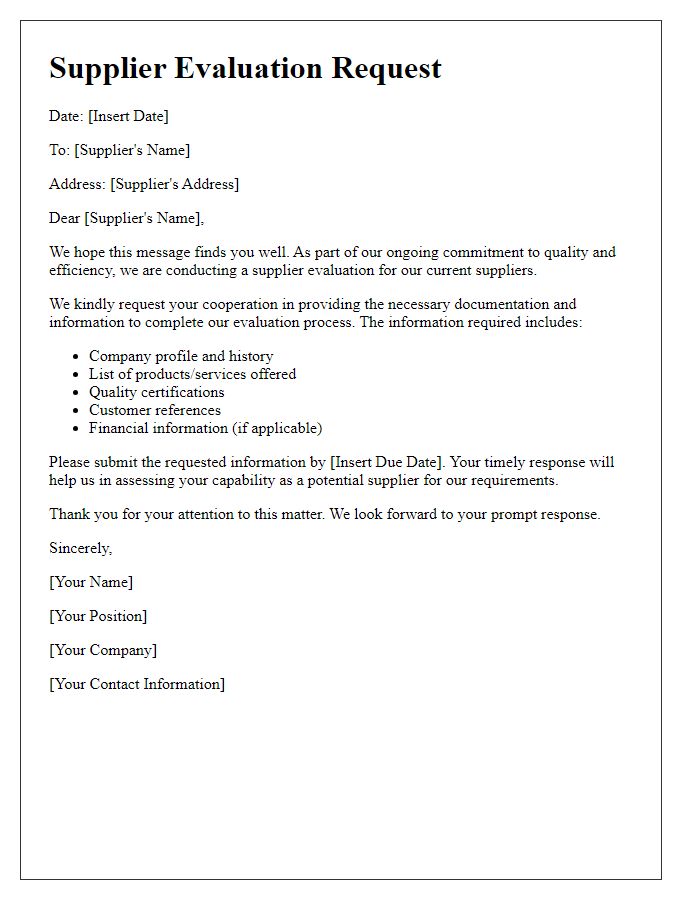 Letter template of Supplier Evaluation Request