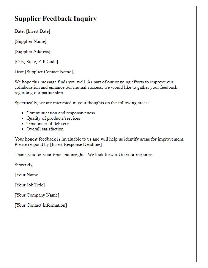 Letter template of Supplier Feedback Inquiry