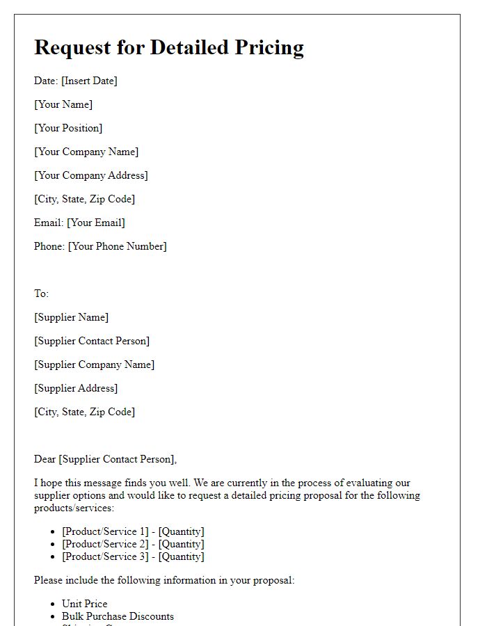 Letter template of detailed pricing request for multiple suppliers