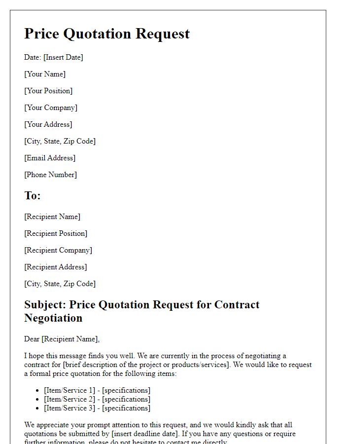 Letter template of price quotation request for contract negotiation