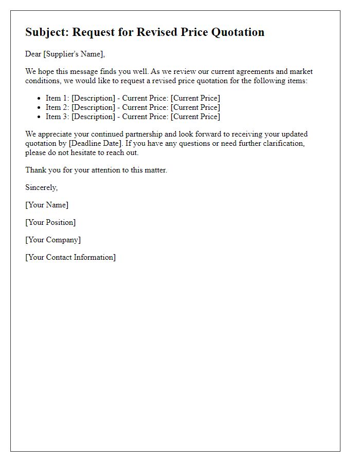 Letter template of revised price quotation request for existing suppliers