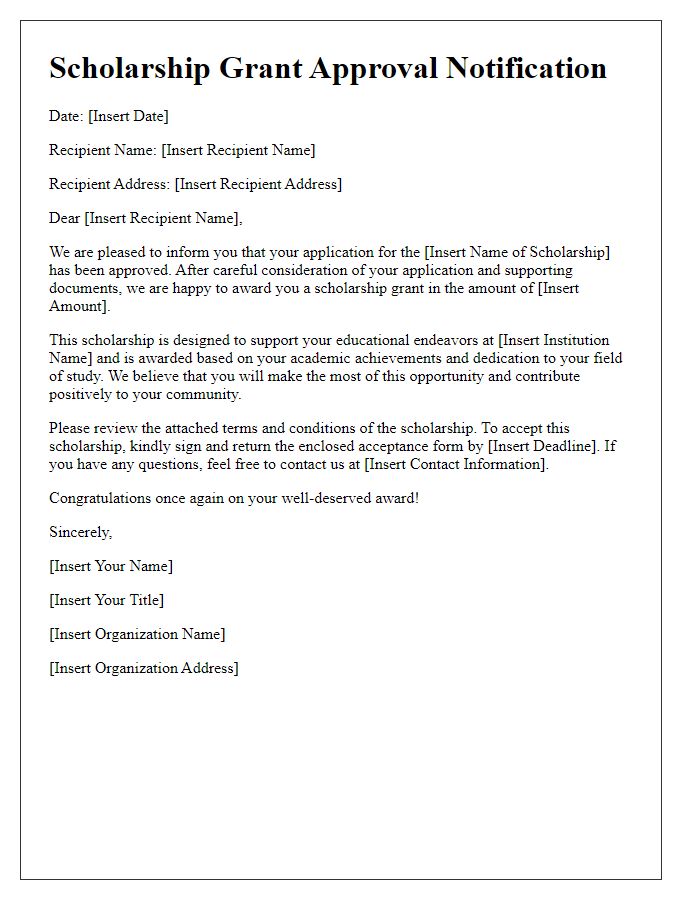 Letter template of scholarship grant approval notification