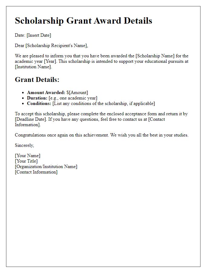 Letter template of scholarship grant award details