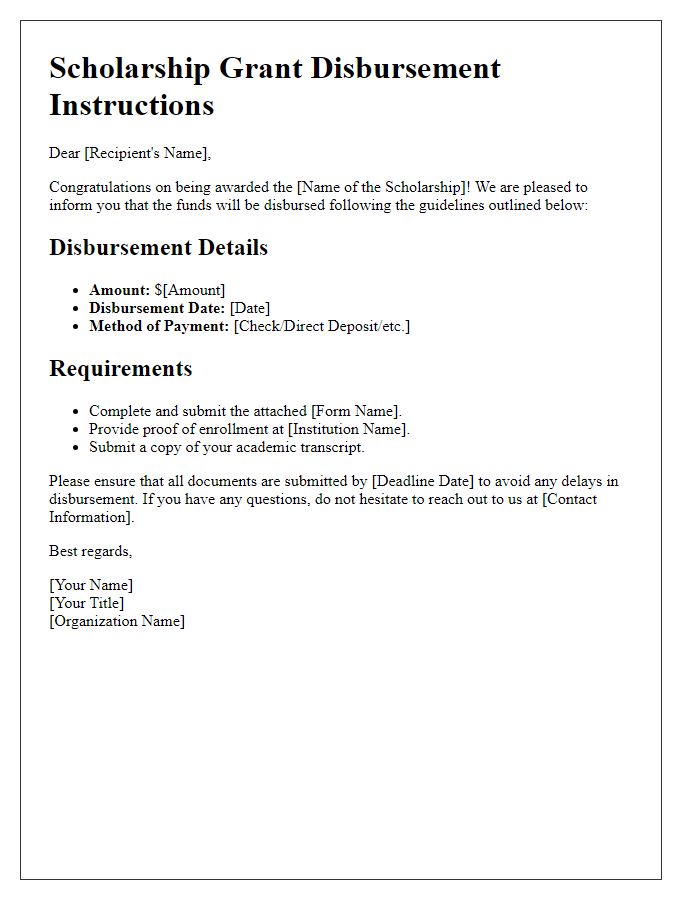 Letter template of scholarship grant disbursement instructions