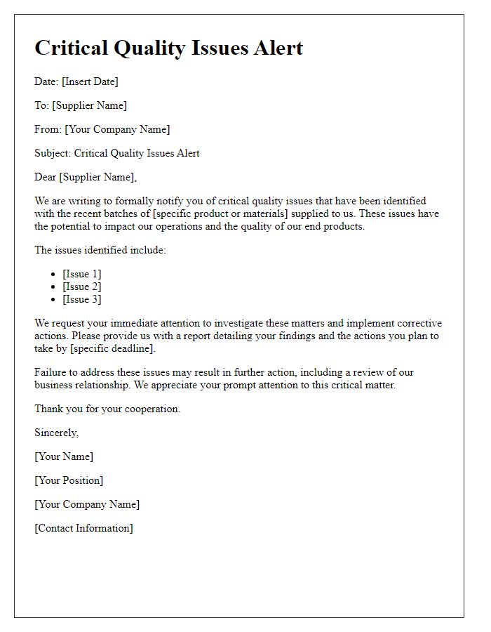 Letter template of critical quality issues alert for suppliers