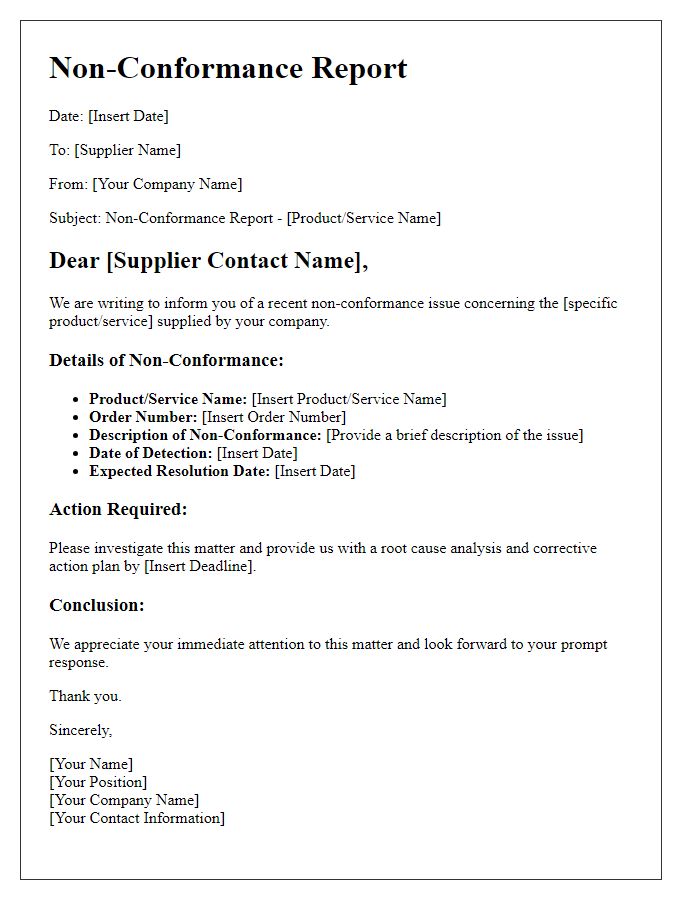 Letter template of non-conformance report to suppliers