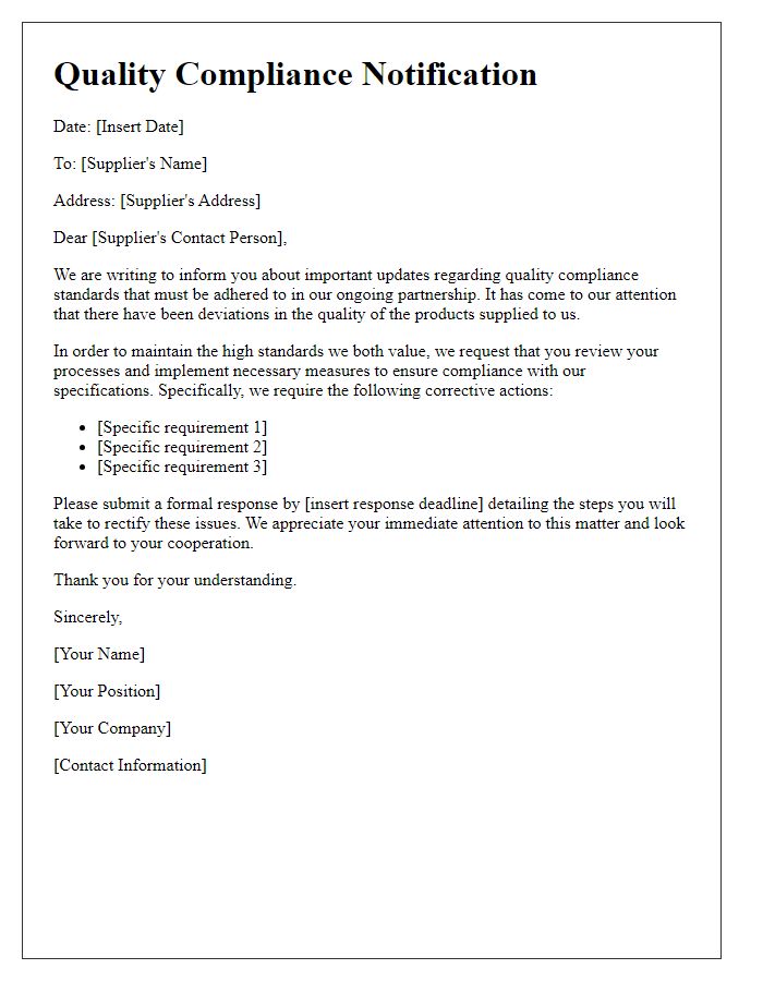 Letter template of quality compliance notification to suppliers