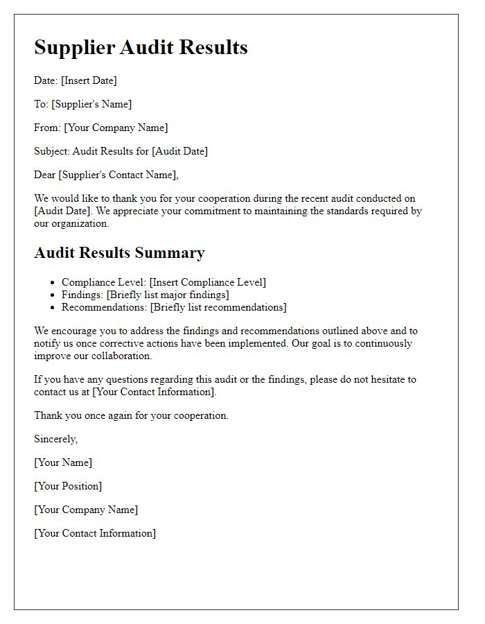 Letter template of supplier audit results communication