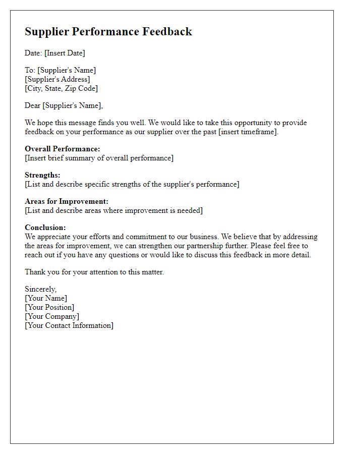 Letter template of supplier performance feedback