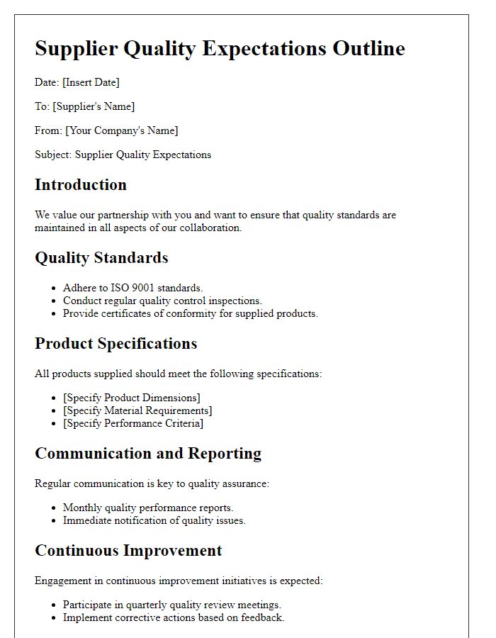 Letter template of supplier quality expectations outline