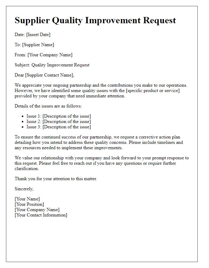 Letter template of supplier quality improvement request