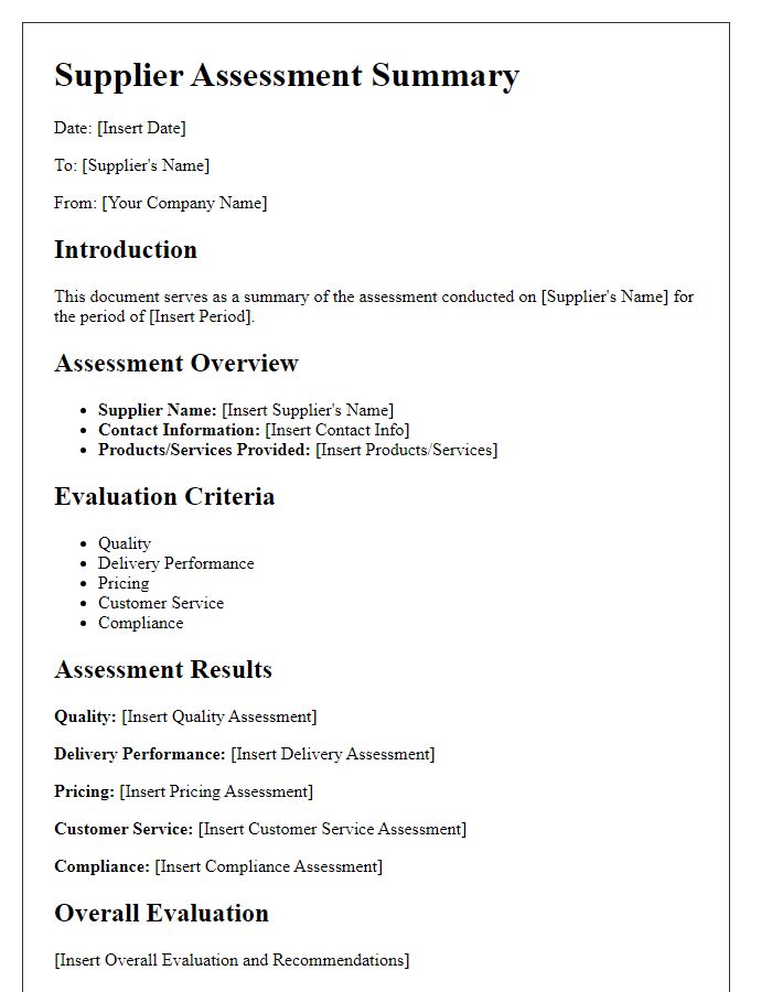 Letter template of Supplier Assessment Summary