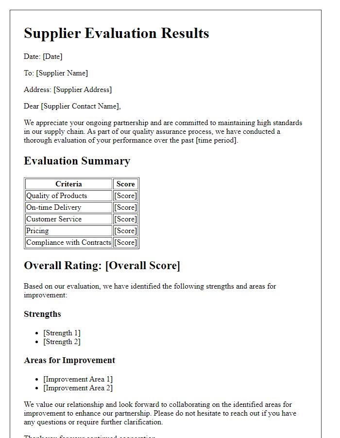 Letter template of Supplier Evaluation Results