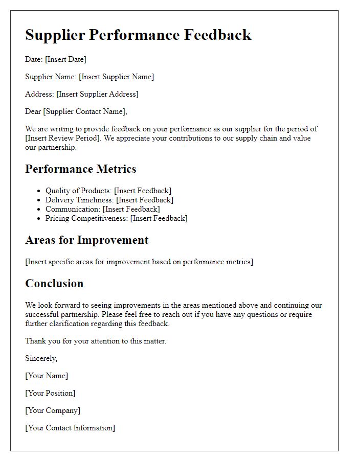 Letter template of Supplier Performance Feedback