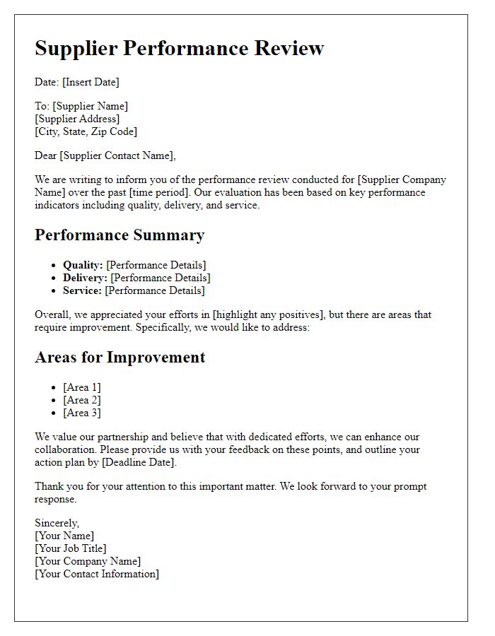 Letter template of Supplier Performance Review